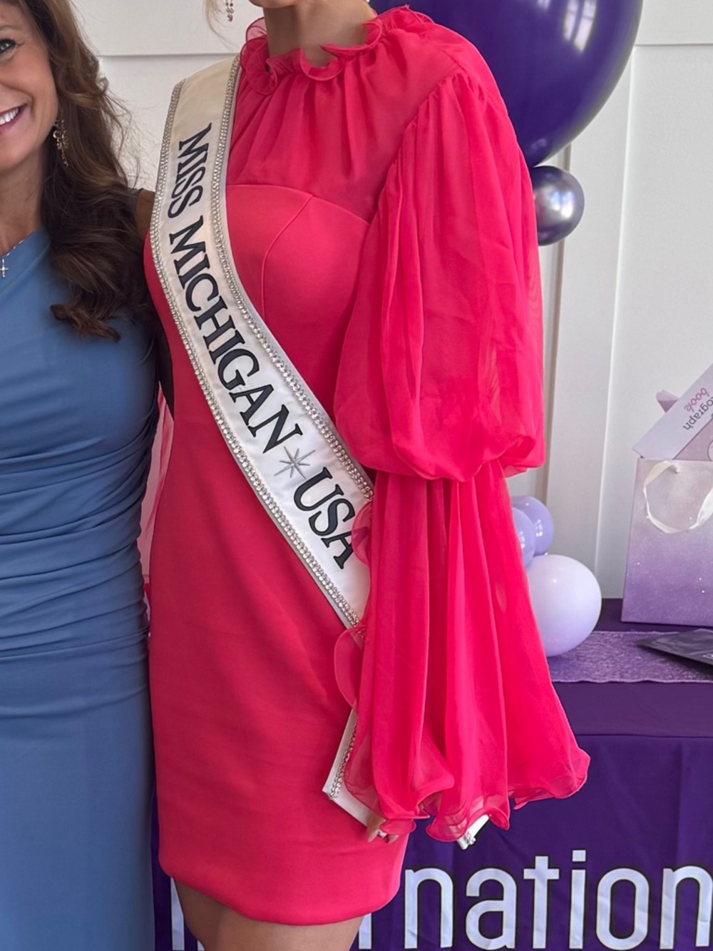 Hot Pink Puff-Sleeve Pageant Dress